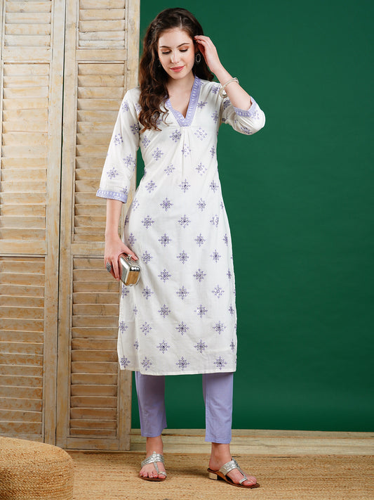 Ethnic & Sequin Embroidered Straight Kurta with Pant - Off White