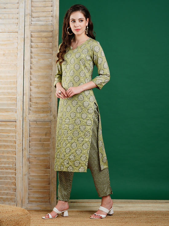 Ethnic Foil Printed & Sequin Embroidered Straight Kurta with Pant - Gr ...