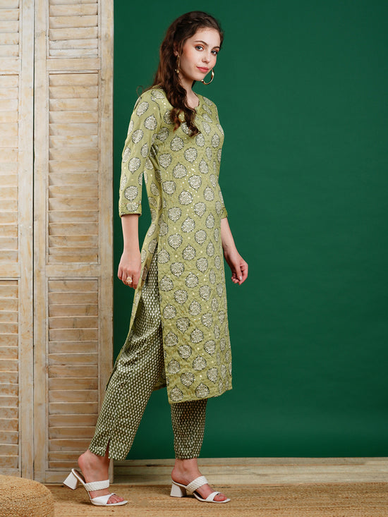 Ethnic Foil Printed & Sequin Embroidered Straight Kurta with Pant - Gr ...