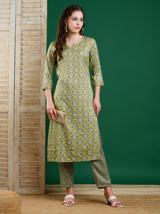 Ethnic Foil Printed & Sequin Embroidered Straight Kurta with Pant - Green