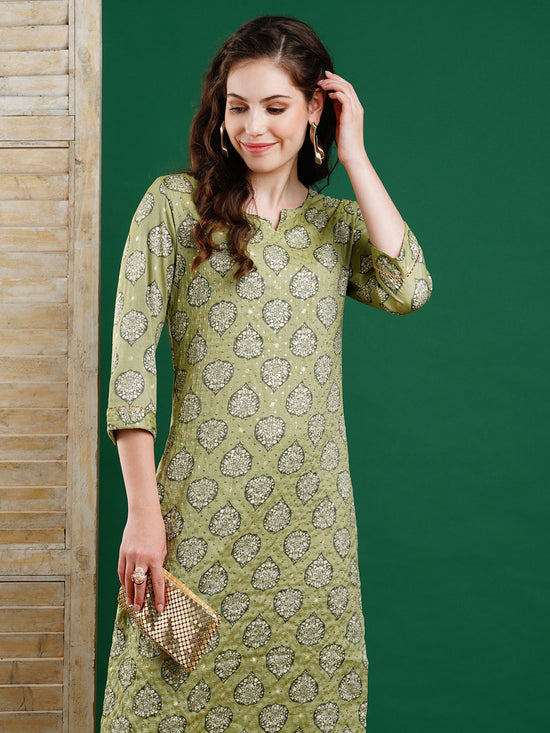 Ethnic Foil Printed & Sequin Embroidered Straight Kurta with Pant - Gr ...