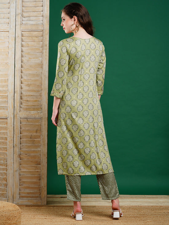 Ethnic Foil Printed & Sequin Embroidered Straight Kurta with Pant - Gr ...