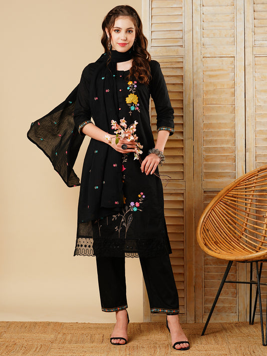 Solid Floral Embroidered Straight Kurta with Pant & Pure Cotton Dupatta - Black