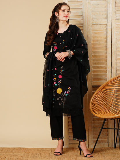 Solid Floral Embroidered Straight Kurta with Pant & Pure Cotton Dupatta - Black