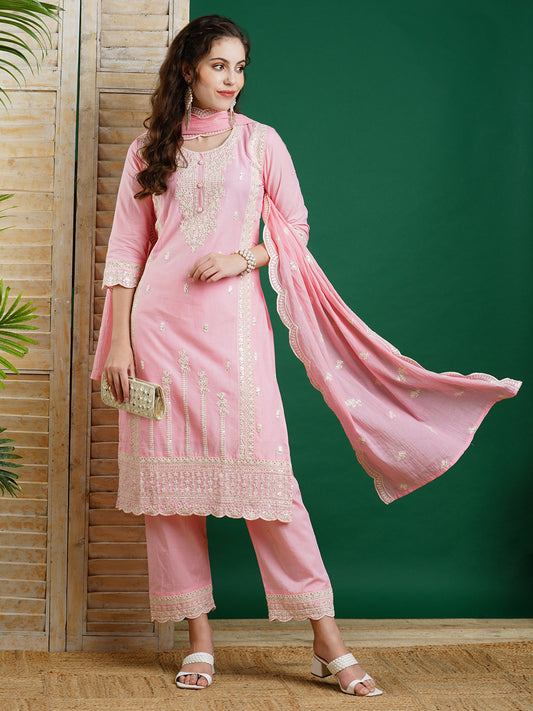 Floral Chikankari Embroidered Kurta with Pant & Pure Cotton Dupatta - Pink