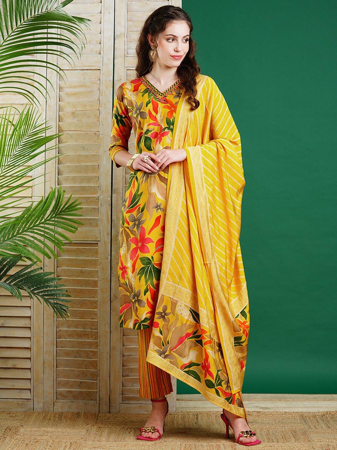 Floral Foil Printed Mirror & Resham Embroidered Kurta with Pants & Dupatta - Yellow