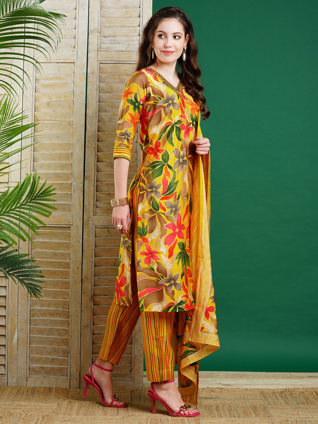 Floral Foil Printed Mirror & Resham Embroidered Kurta with Pants & Dupatta - Yellow