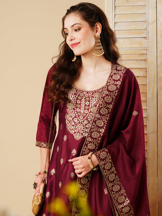 Ethnic Jacquard Woven & Embroidered Kurta with Pant & Dupatta - Maroon