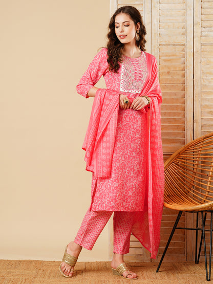 Floral Printed Resham & Sequins Embroidered Kurta with Pants & Dupatta - Pink