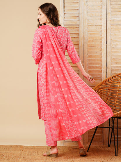 Floral Printed Resham & Sequins Embroidered Kurta with Pants & Dupatta - Pink