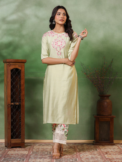 Solid Resham & Sequins Ethnic Embroidered Kurta - Light Green