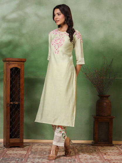 Solid Resham & Sequins Ethnic Embroidered Kurta - Light Green