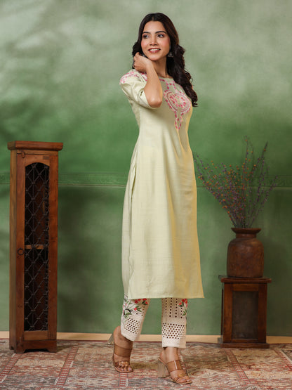 Solid Resham & Sequins Ethnic Embroidered Kurta - Light Green