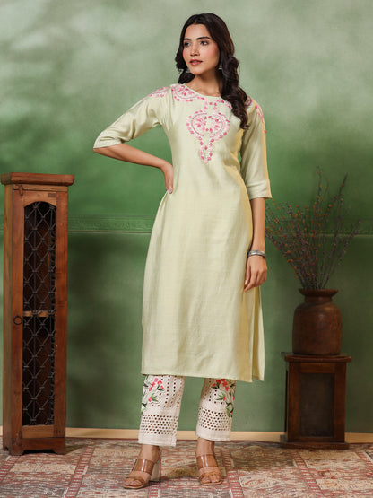 Solid Resham & Sequins Ethnic Embroidered Kurta - Light Green