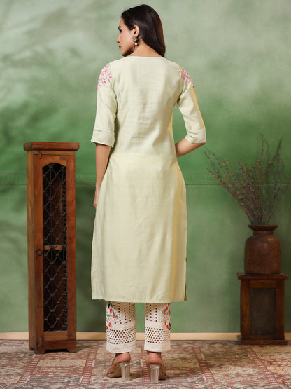 Solid Resham & Sequins Ethnic Embroidered Kurta - Light Green