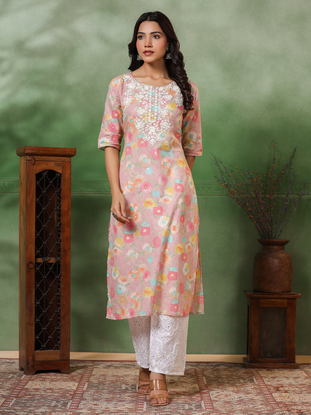 Floral Printed Resham Embroidered Kurta - Multi