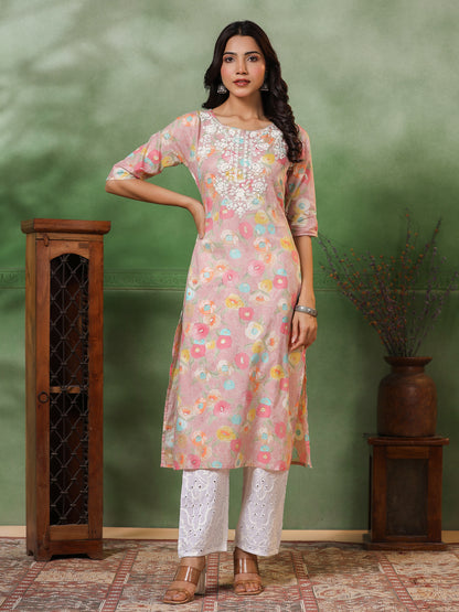 Floral Printed Resham Embroidered Kurta - Multi