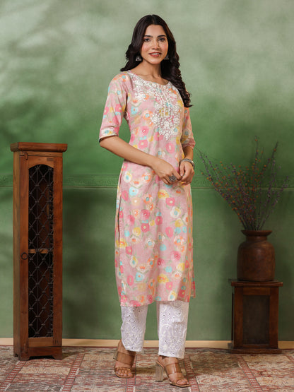 Floral Printed Resham Embroidered Kurta - Multi