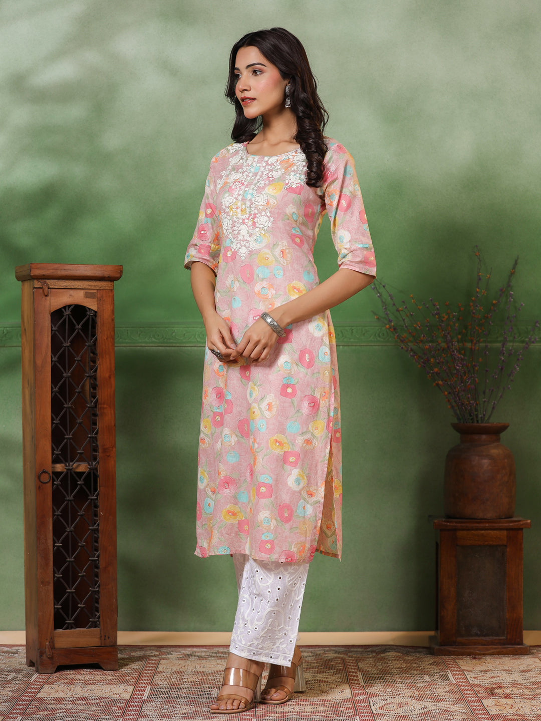 Floral Printed Resham Embroidered Kurta - Multi