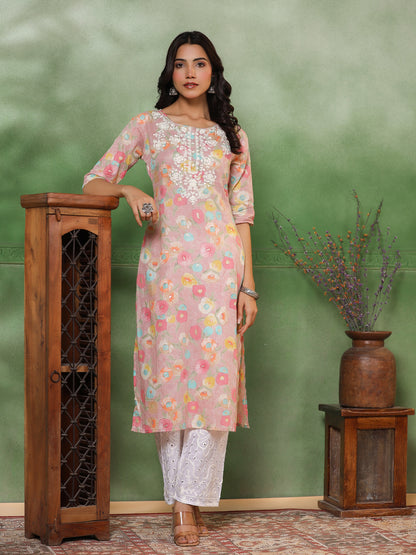 Floral Printed Resham Embroidered Kurta - Multi