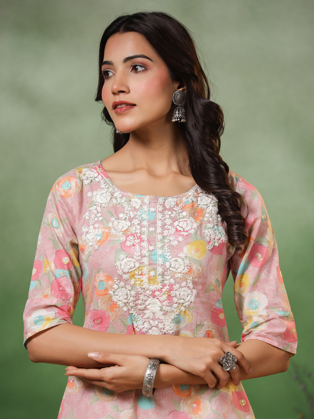 Floral Printed Resham Embroidered Kurta - Multi