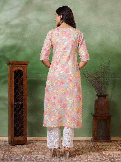 Floral Printed Resham Embroidered Kurta - Multi