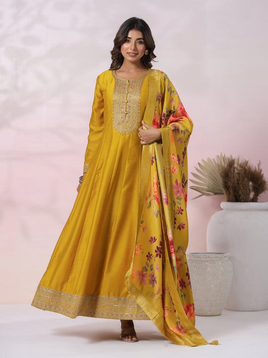 Solid Zari, Sequins & Resham Embroidered Gown with Floral Dupatta - Yellow