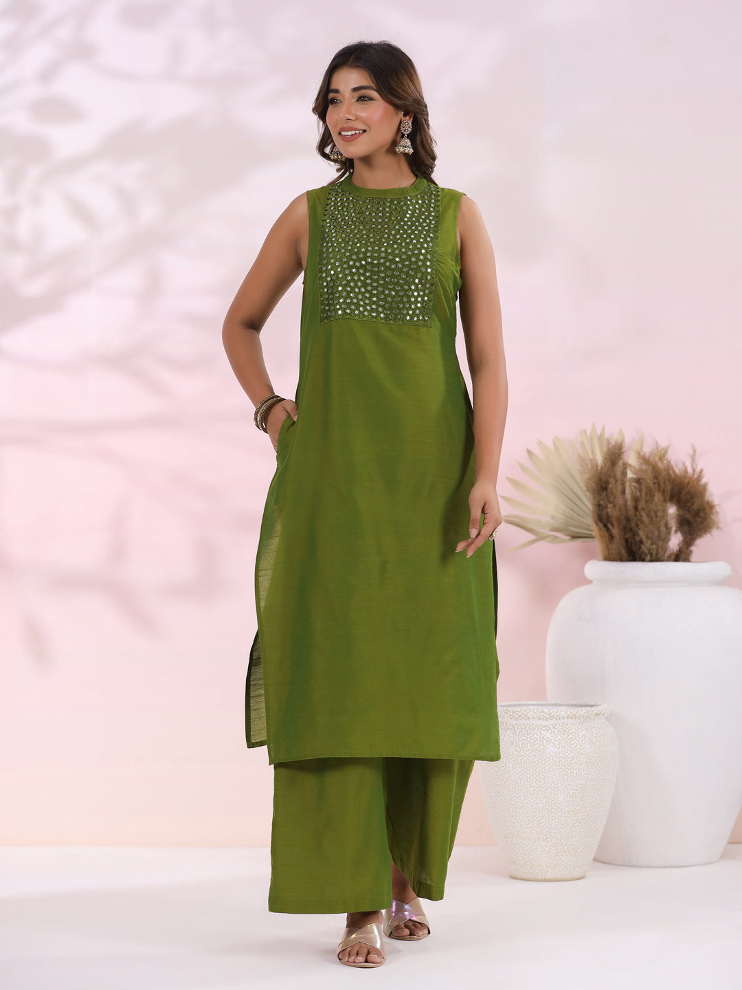 Solid Foil Mirror Embroidered Straight Fit Co-ord Set - Green