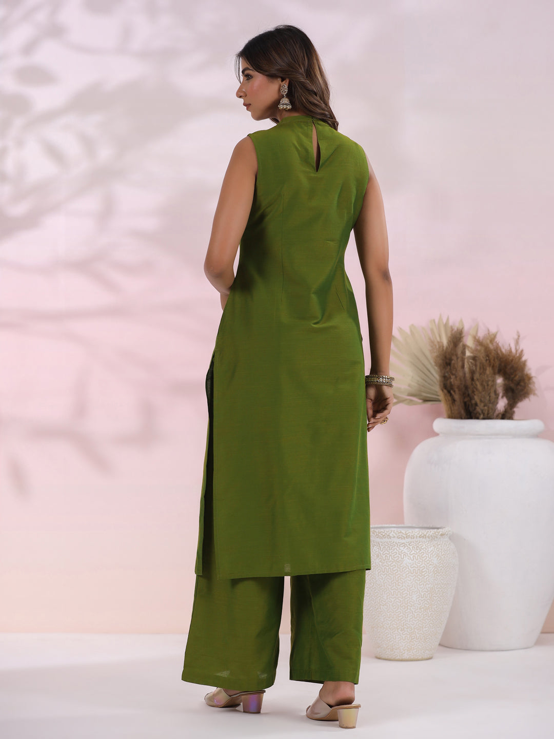 Solid Foil Mirror Embroidered Straight Fit Co-ord Set - Green