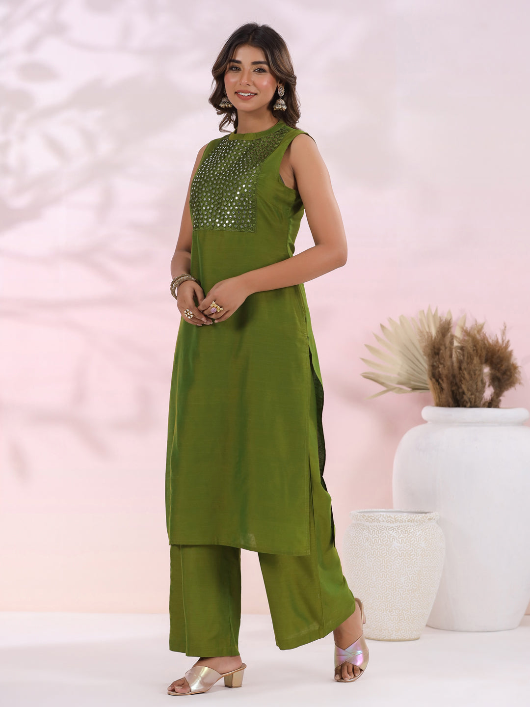 Solid Foil Mirror Embroidered Straight Fit Co-ord Set - Green