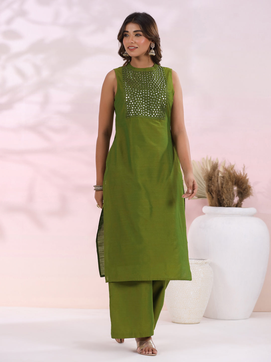 Solid Foil Mirror Embroidered Straight Fit Co-ord Set - Green