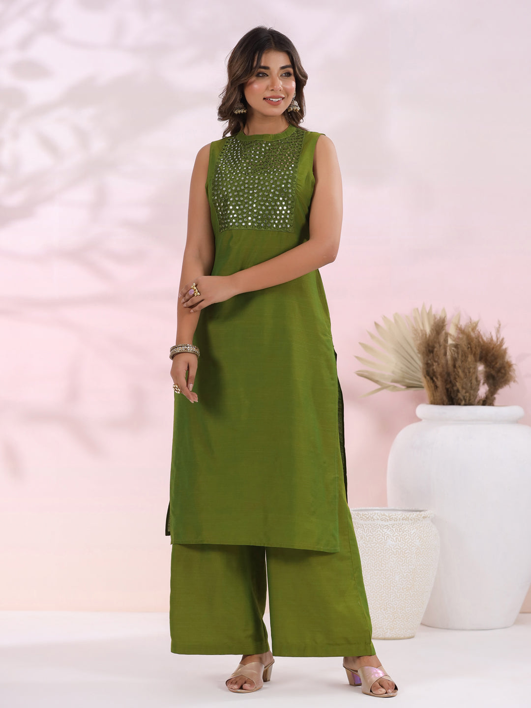 Solid Foil Mirror Embroidered Straight Fit Co-ord Set - Green