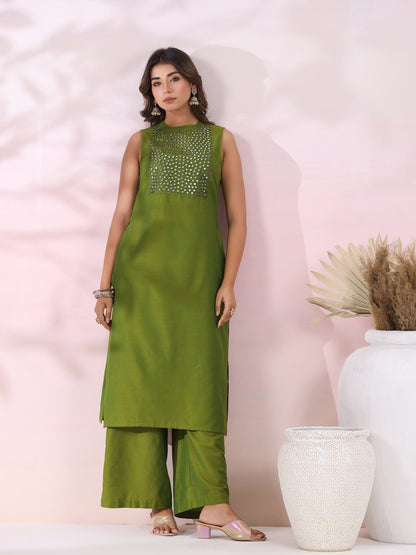 Solid Foil Mirror Embroidered Straight Fit Co-ord Set - Green