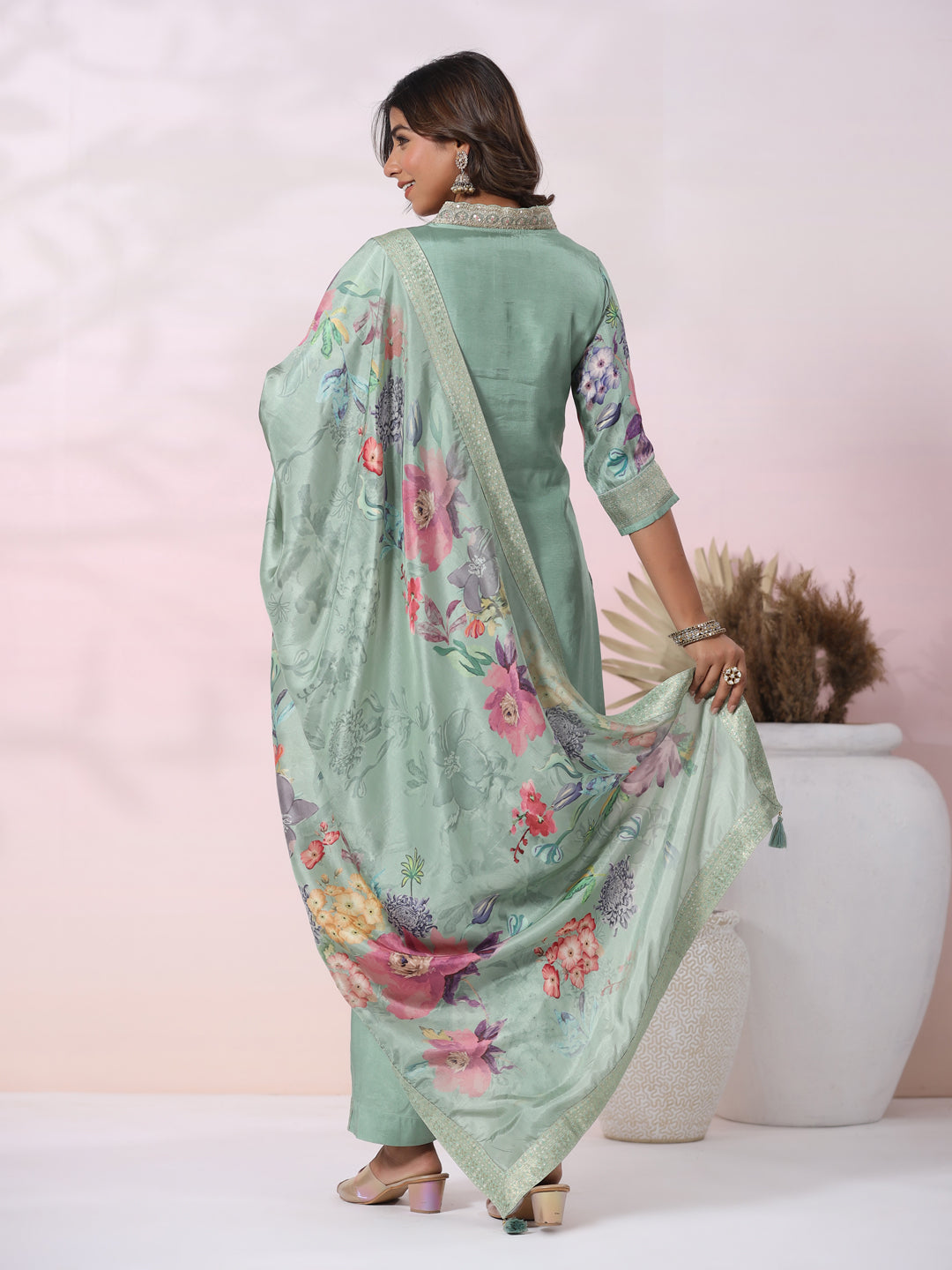 Floral Printed Zari Jacquard Zari Embroidered Kurta with Pants & Dupatta - Sea Green