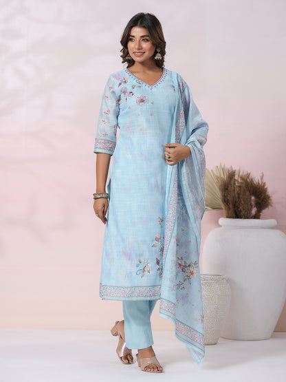 Floral Printed & Embroidered Kurta with Pants & Printed Dupatta - Blue