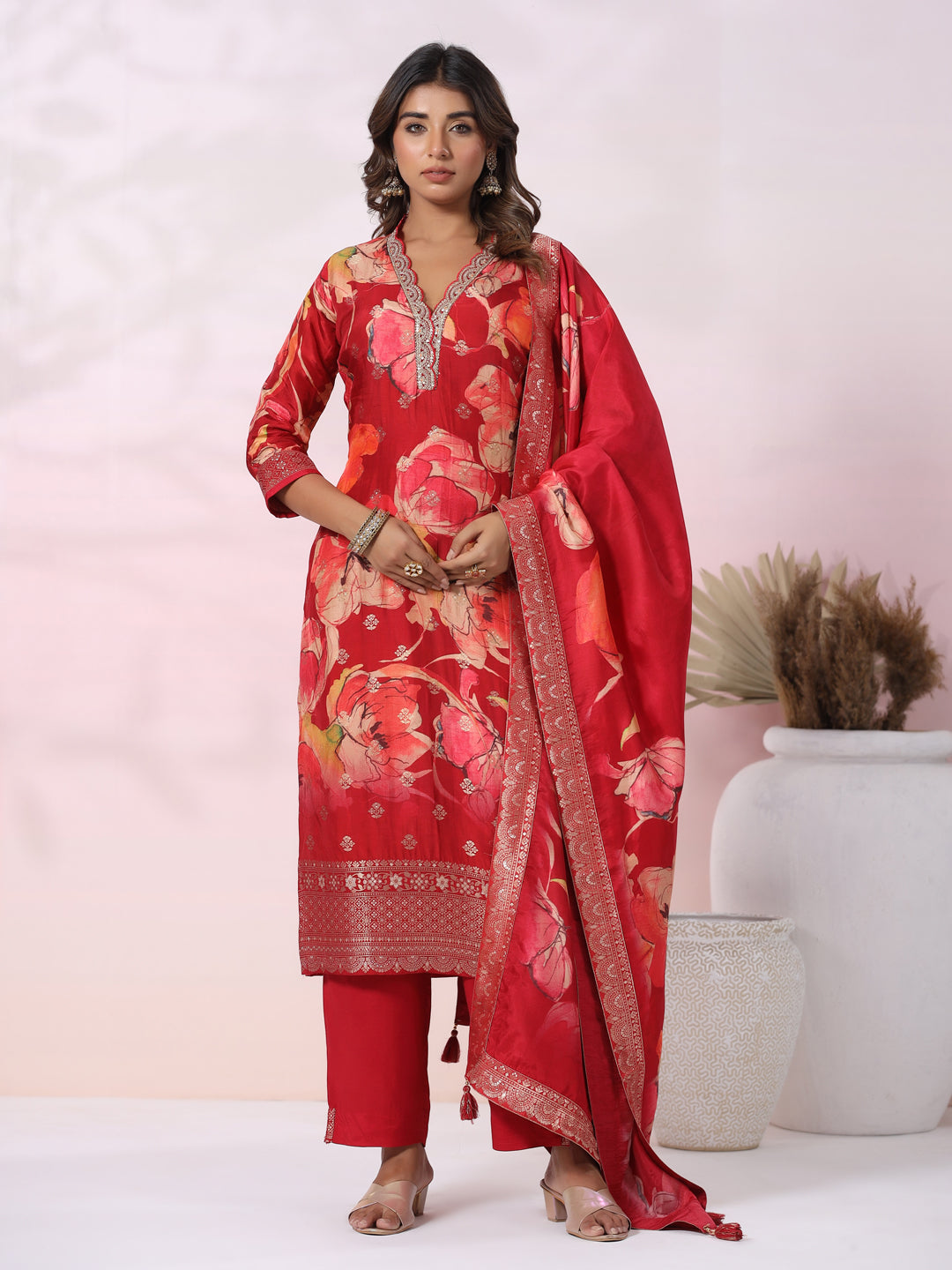 Floral Printed Jacquard Design Zari & Sequins Embroidered Kurta with Pants & Dupatta - Red
