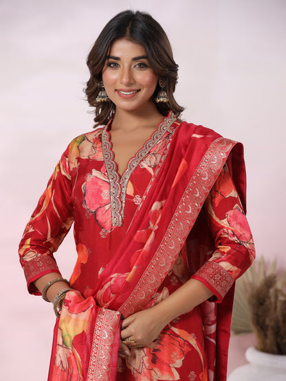 Floral Printed Jacquard Design Zari & Sequins Embroidered Kurta with Pants & Dupatta - Red