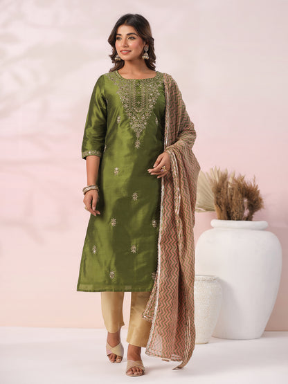 Ethnic Zari Embroidered Straight Kurta with Pant & Dupatta - Green