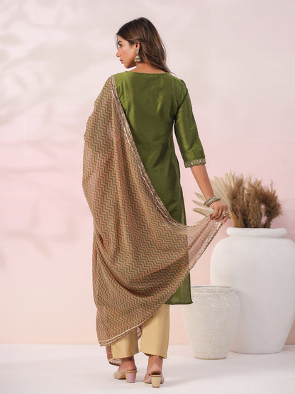 Ethnic Zari Embroidered Straight Kurta with Pant & Dupatta - Green