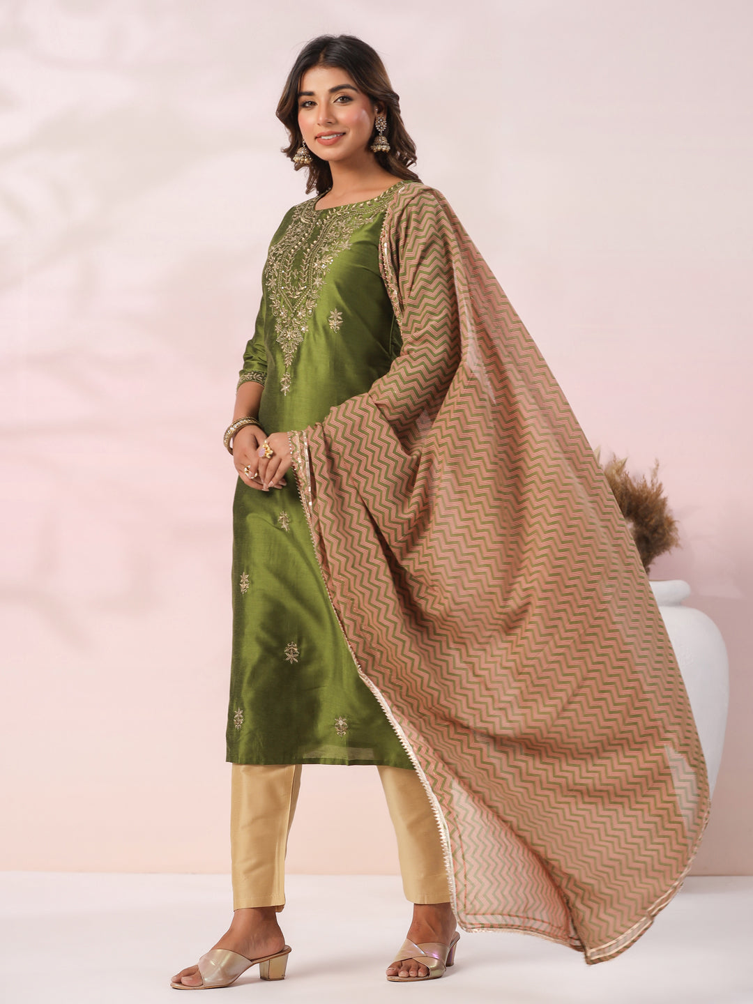 Ethnic Zari Embroidered Straight Kurta with Pant & Dupatta - Green