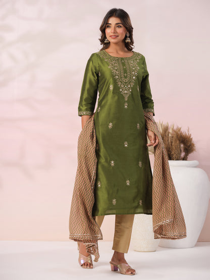 Ethnic Zari Embroidered Straight Kurta with Pant & Dupatta - Green