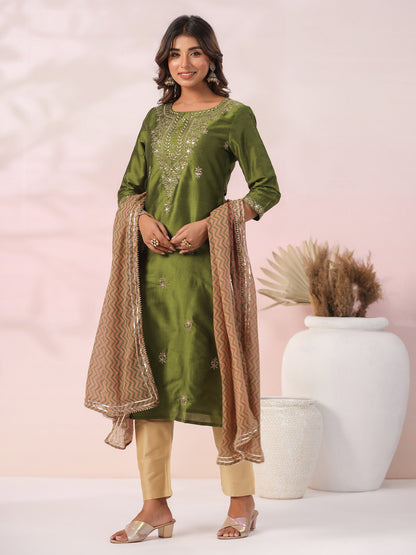 Ethnic Zari Embroidered Straight Kurta with Pant & Dupatta - Green