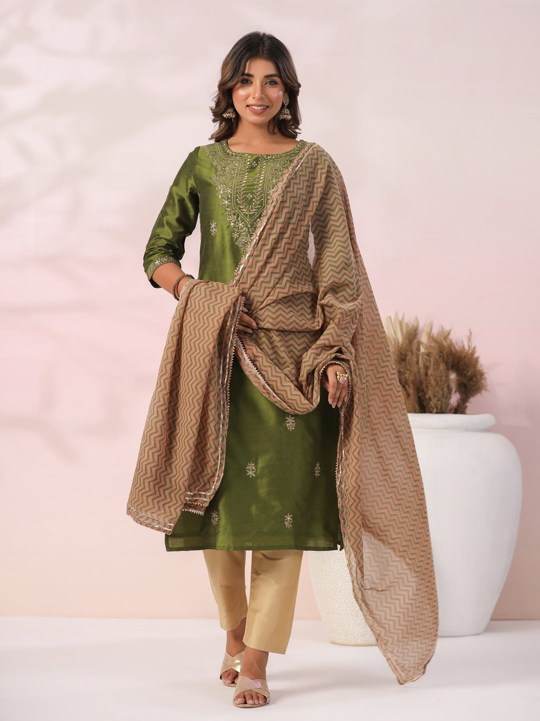 Ethnic Zari Embroidered Straight Kurta with Pant & Dupatta - Green