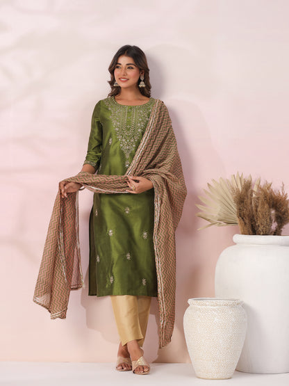 Ethnic Zari Embroidered Straight Kurta with Pant & Dupatta - Green