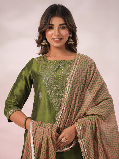 Ethnic Zari Embroidered Straight Kurta with Pant & Dupatta - Green