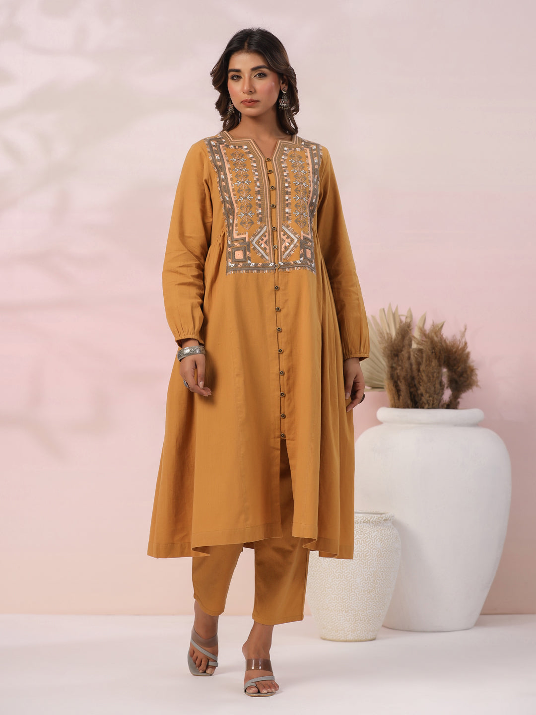 Ethnic Tribal Embroidered A-Line Pleated Co-ord Set - Mustard