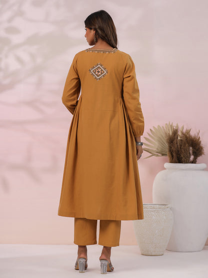 Ethnic Tribal Embroidered A-Line Pleated Co-ord Set - Mustard