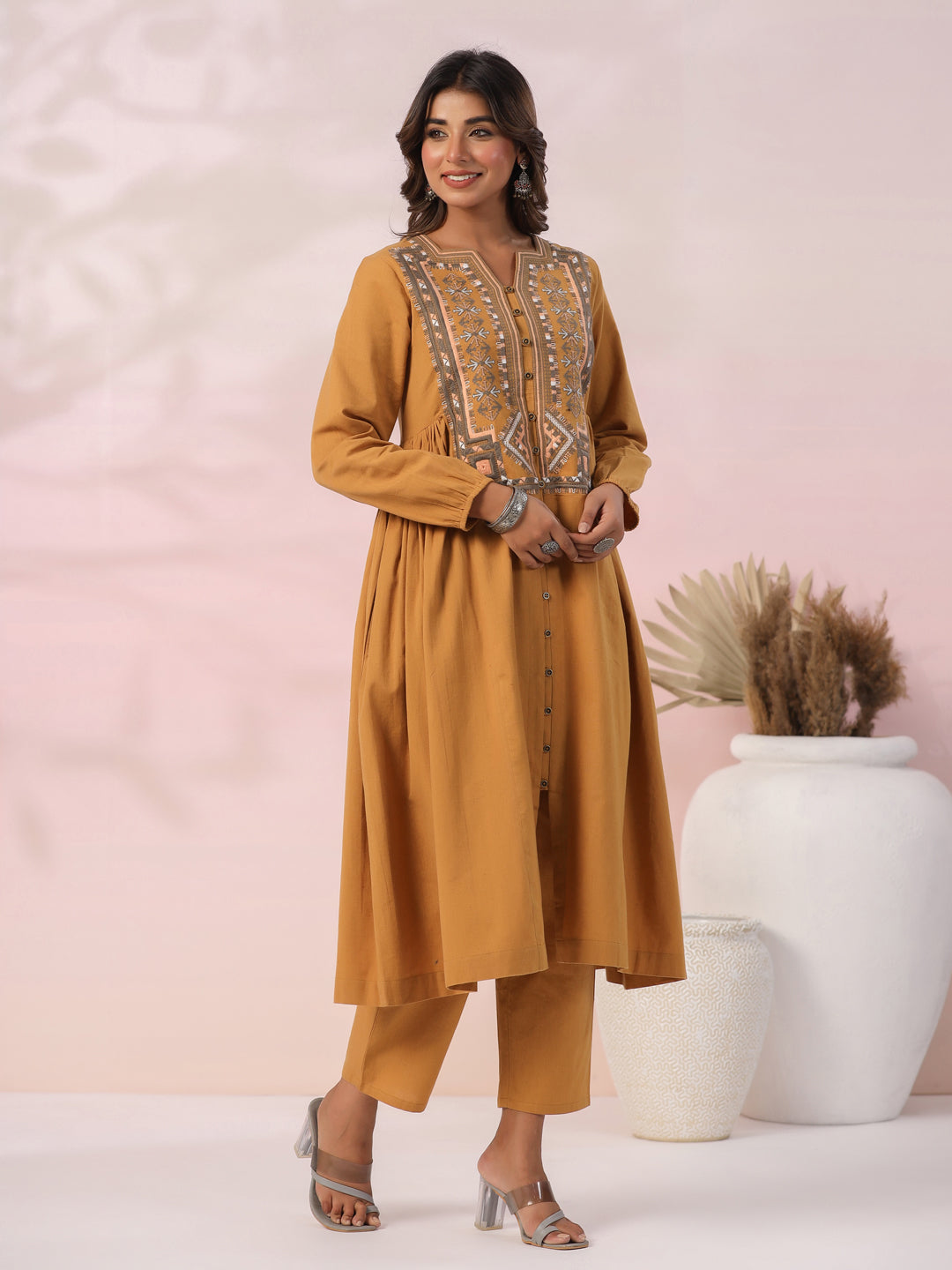 Ethnic Tribal Embroidered A-Line Pleated Co-ord Set - Mustard