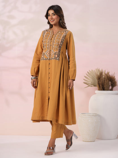 Ethnic Tribal Embroidered A-Line Pleated Co-ord Set - Mustard