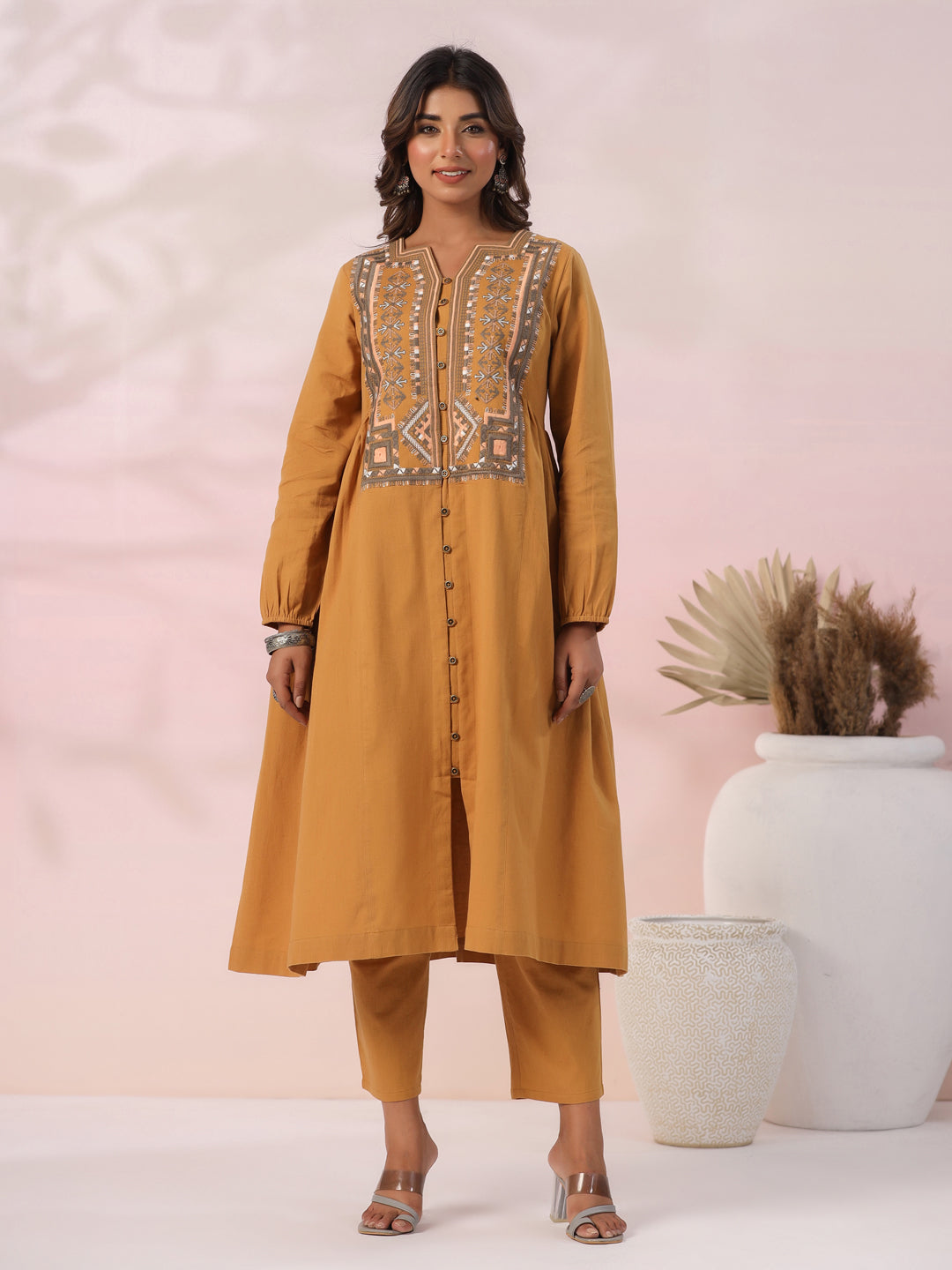 Ethnic Tribal Embroidered A-Line Pleated Co-ord Set - Mustard